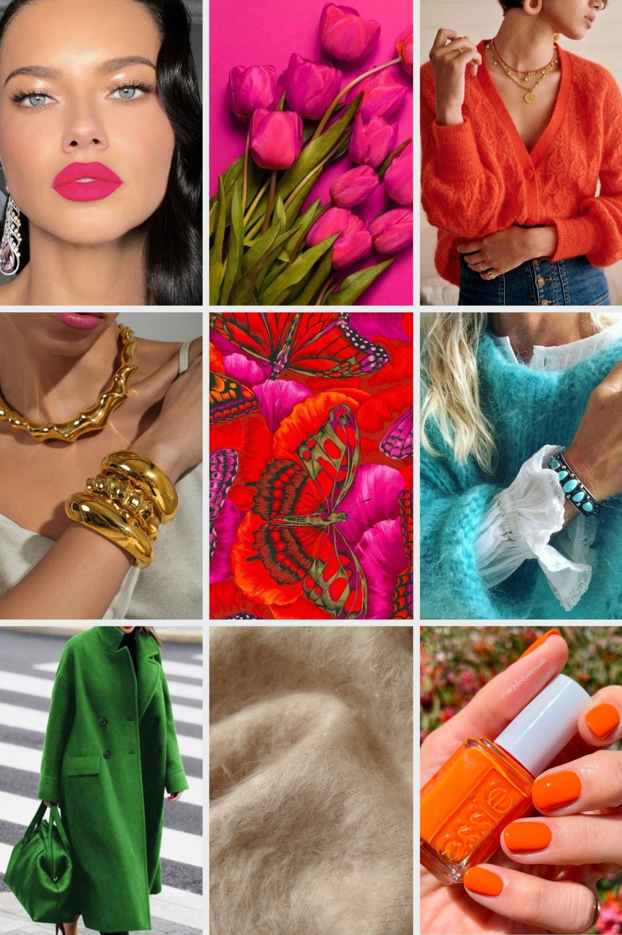Moodboard, jossa yhdeksän inspiroivaa kuvaa asiakkaan tyylistä.